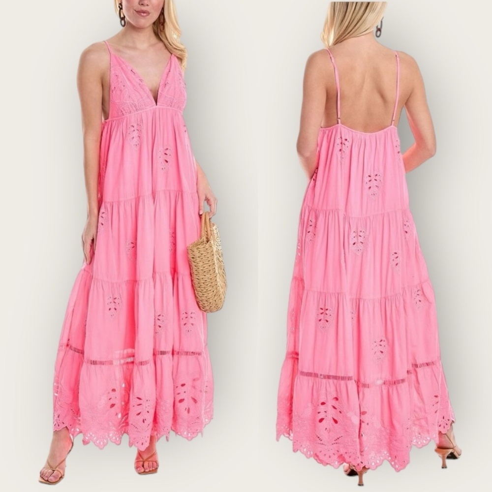 Farm Rio | Neon Eyelet Tiered Maxi Dress | Neon Pink | XS